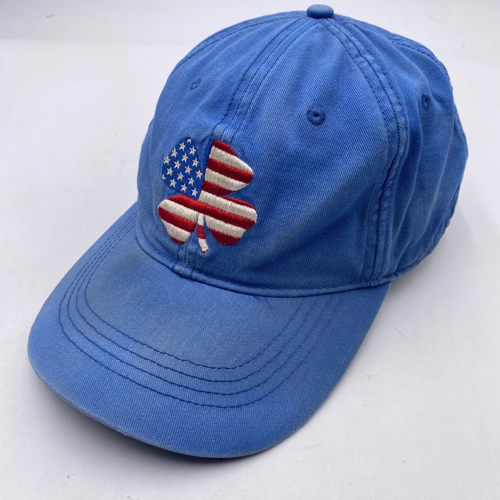USA Lucky Brand Clover American Flag Hat Mens OS‎ Blue Leather Strapback Cap SEO